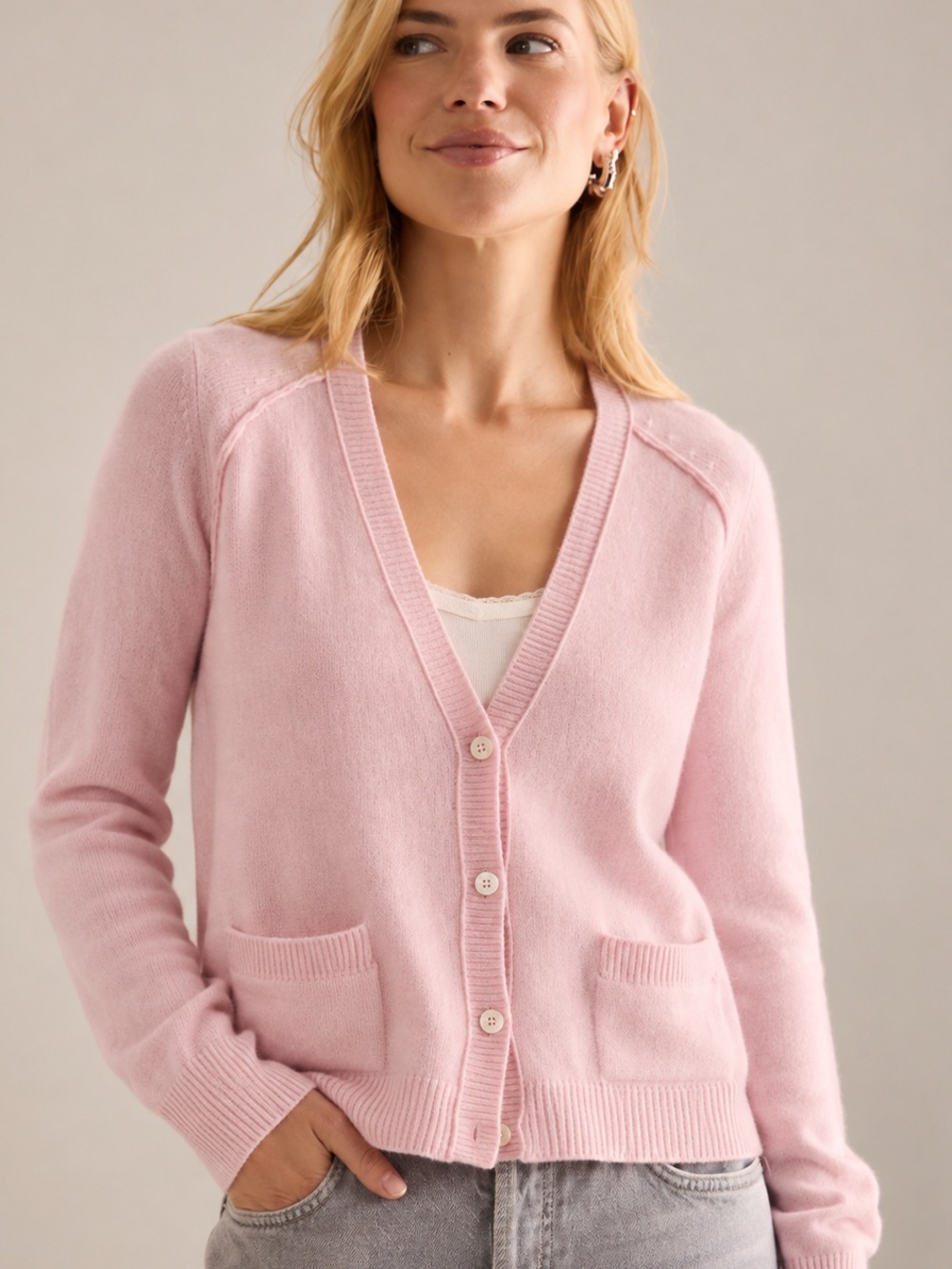 Joe Fresh 100% Cashmere Baby Pink V-Neck Cardigan Sweater M